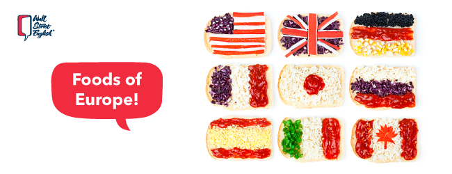 Aprender inglés online con sándwiches con imágenes de las diferentes banderas del mundo.